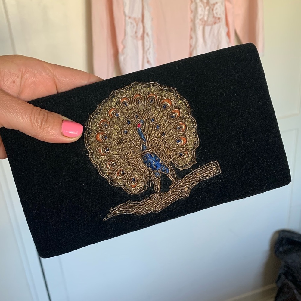 Antique black velvet pocket book/wallet, beaded peacock, Indian Textiles Co Ltd